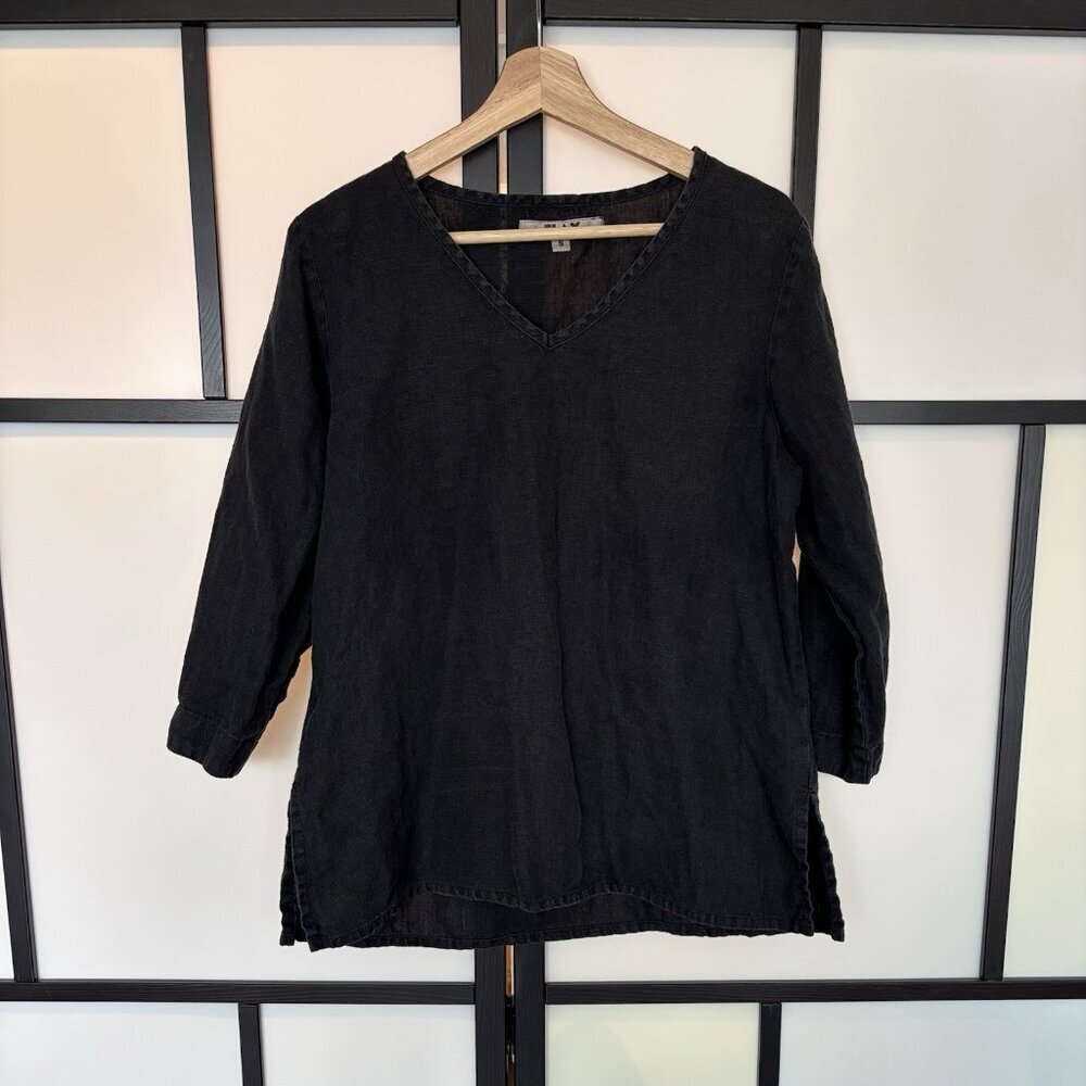 Flax V-neck Tunic Top Black Linen Women’s SMALL Lagom Beach Lagenlook Minimalist